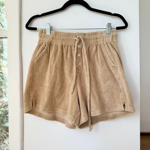 DONNI Terry Shorts Henley Boxer Drawstring Pull On Long Sweat Latte Brown Small - Picture 3 of 6